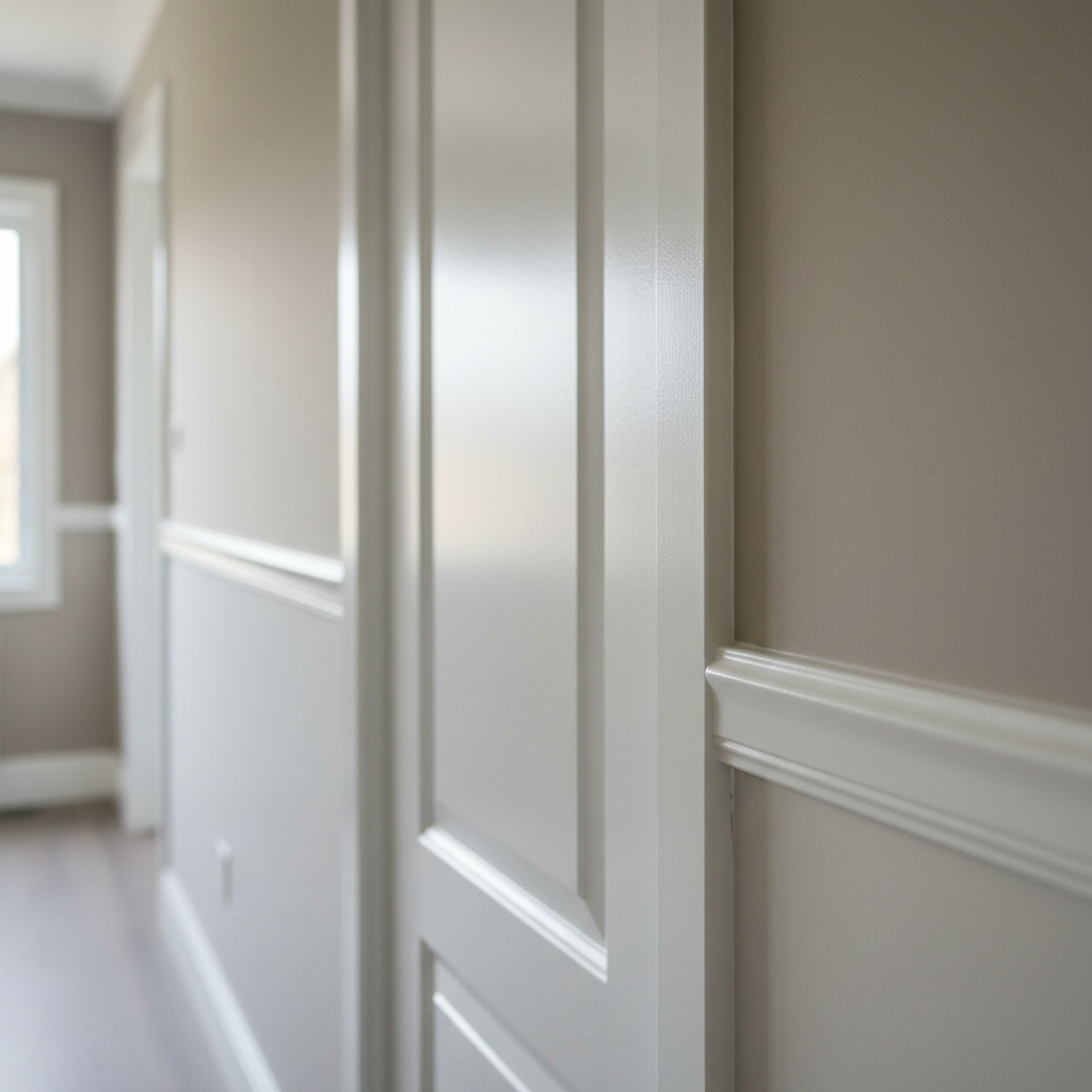 A close-up, photographic realism shot of a freshly painted interior door and trim in a contemporary home, highlighting the smooth, semi-gloss white finish with no brush marks or drips. The door panel details are sharply defined, and the trim edges align perfectly against a soft taupe wall painted in a velvety matte finish. Captured at a slight angle with a shallow depth of field, the foreground details of the paintwork are in sharp focus while the background hallway gently blurs. Soft, indirect natural light from a nearby window creates subtle highlights along the door’s beveled edges, evoking a professional, meticulous atmosphere that emphasizes craftsmanship and quality residential painting.