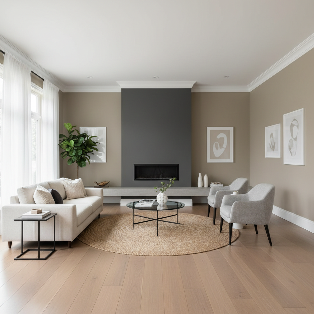 A professionally finished living room interior with perfectly painted warm greige walls meeting crisp white crown molding and baseboards, all with razor-sharp paint lines. The room features a built-in fireplace with a smooth, matte charcoal accent wall that contrasts elegantly with the surrounding neutral tones. Hardwood floors with a subtle sheen anchor the space, while large windows allow diffused daylight to wash across the walls, revealing a flawless, even paint application. Photographic realism with an eye-level, wide-angle composition captures the full room. The atmosphere is calm, refined, and inviting, emphasizing precision interior painting quality and attention to detail, with a clean, modern aesthetic and no visible clutter.