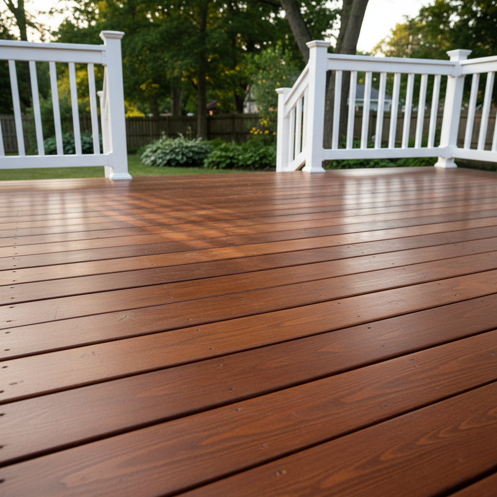 A detailed, photographic realism view of an exterior deck refinished by a professional painting company, featuring rich, medium-toned stained wood planks with visible, even grain and a smooth, satin protective sheen. The deck boards align perfectly, leading toward a freshly painted white railing and posts with absolutely clean lines and no peeling or chipping. The setting is a backyard in Connecticut with soft, lush greenery just beyond the deck. Captured in warm late-afternoon sunlight, the light grazes the wood surface, creating gentle highlights that showcase the quality of the stain and finish. Shot from a low, angled perspective to emphasize texture and craftsmanship, the mood feels welcoming, durable, and ready for long-term outdoor enjoyment.