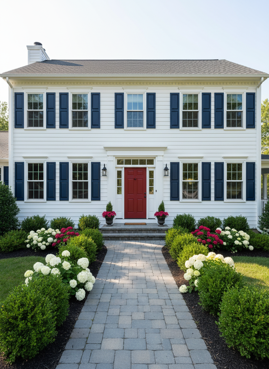 A freshly painted, elegant suburban home exterior in Fairfield County, Connecticut, featuring crisp white clapboard siding and deep navy-blue shutters with a smooth, flawless finish. The front door displays a rich, satin red paint, perfectly edged against clean white trim. Lush, well-kept landscaping frames the house, with a paved walkway leading to the entrance. Photographic realism at eye level, captured on a bright, clear afternoon with soft, natural sunlight casting gentle shadows under the eaves and highlighting the subtle texture of the siding. The mood is professional and trustworthy, with a clean, modern composition and sharp focus throughout, ideal for showcasing premium residential exterior painting services.