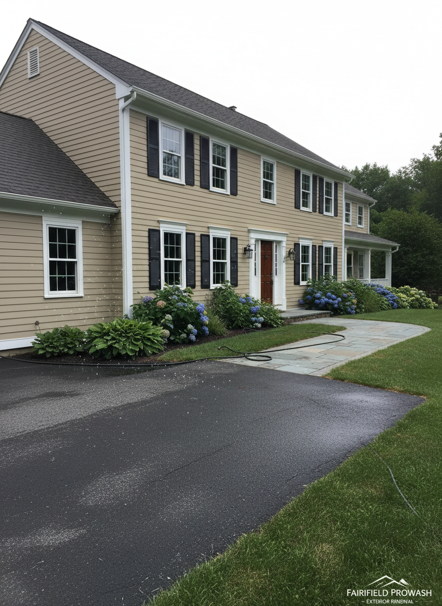A power-washed colonial-style home exterior in Fairfield County, showing pristinely clean beige siding and bright white trim that look freshly renewed. Water droplets still cling to the lower sections of siding, catching soft daylight and forming tiny highlights. The driveway and front walkway appear noticeably free of grime and stains, with a uniform, refreshed surface. Photographic realism with a slightly elevated, three-quarter view of the house captures the full façade and entry area. The lighting is bright but slightly overcast, providing even illumination that emphasizes cleanliness and surface detail. The overall atmosphere is crisp, refreshed, and professional, clearly suggesting the transformative effect of expert power washing as part of a comprehensive exterior maintenance and painting service.