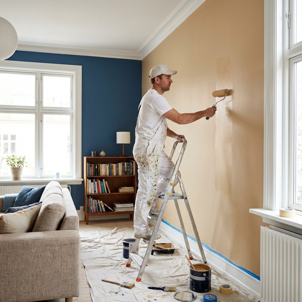 A painter on a ladder applying beige paint to a living room wall.