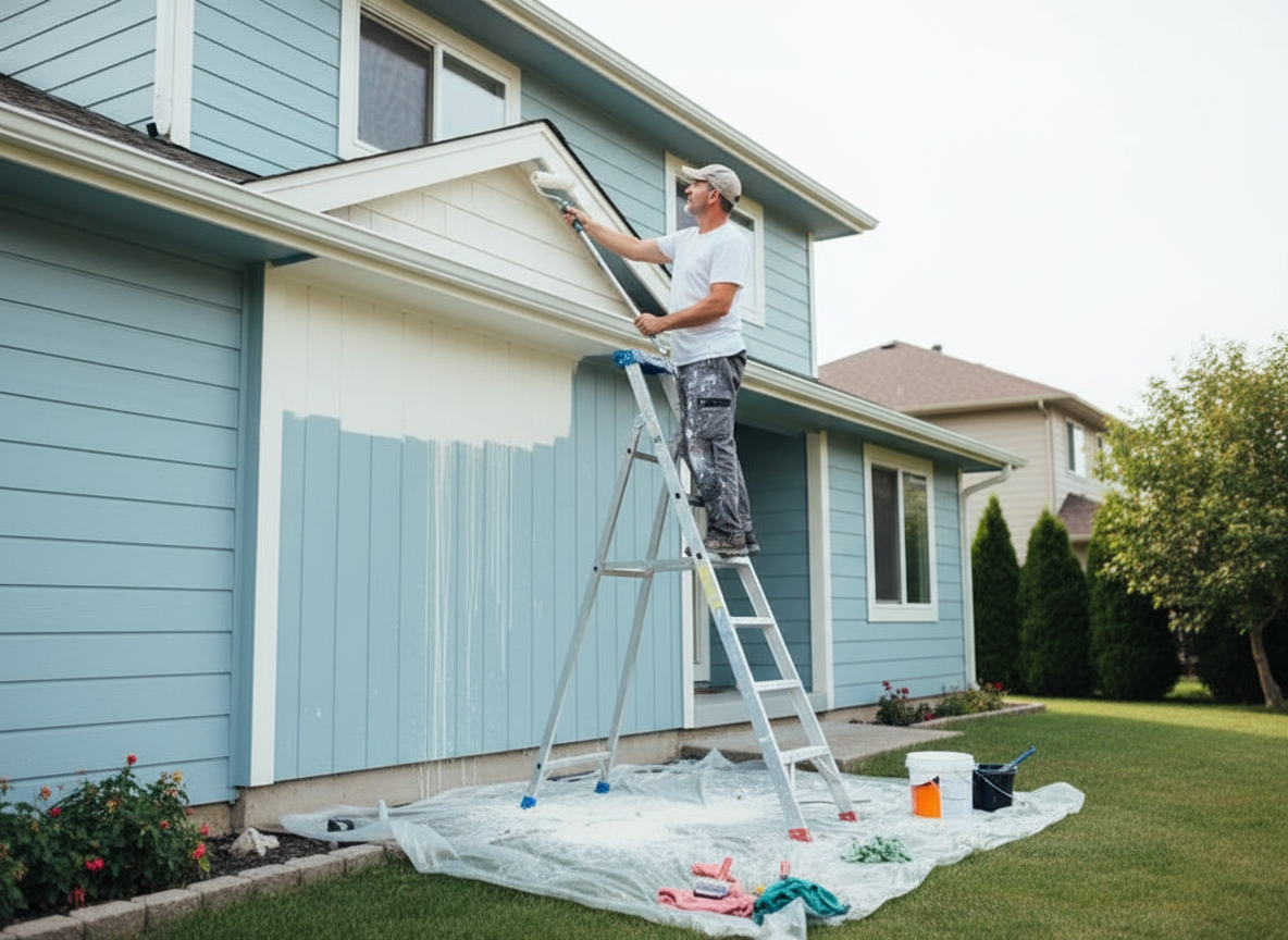 A painter on a ladder applying paint to the trim of a blue house.